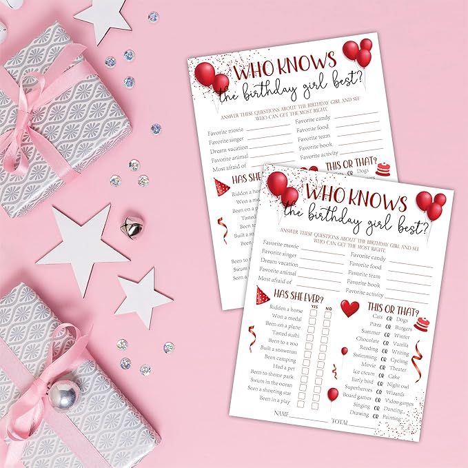 6"X8" Who Knows The Birthday Girl Best - Balloons & Confetti - Funny Double-Sided 3-in-1 Game Card Set For Girls Birthday Party, Sleepover Party Activities, Favor & Supplies (20 Pcs)- A05