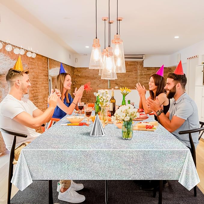 Sparkling Holographic Laser Tablecloth - Shimmering, Waterproof, Easy to Clean - Ideal for Bachelorette, Birthday, Wedding, and Anniversary Party Decorations (Pink & Silver, 2)