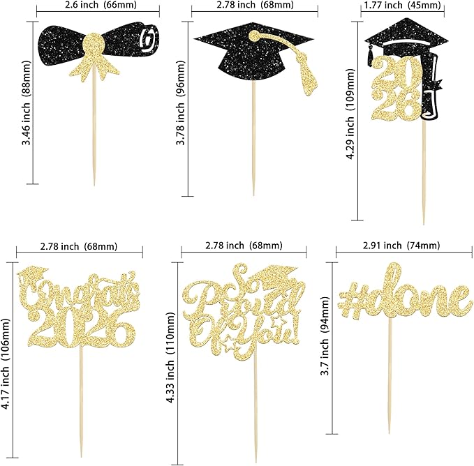 Gyufise 24Pcs Graduation Cupcake Toppers 2026 Gold Glitter Class of 2026 Cupcake Toppers Supplies So Proud of You Grad Cap Diploma Cupcake Picks for Graduation Party Decorations 2026