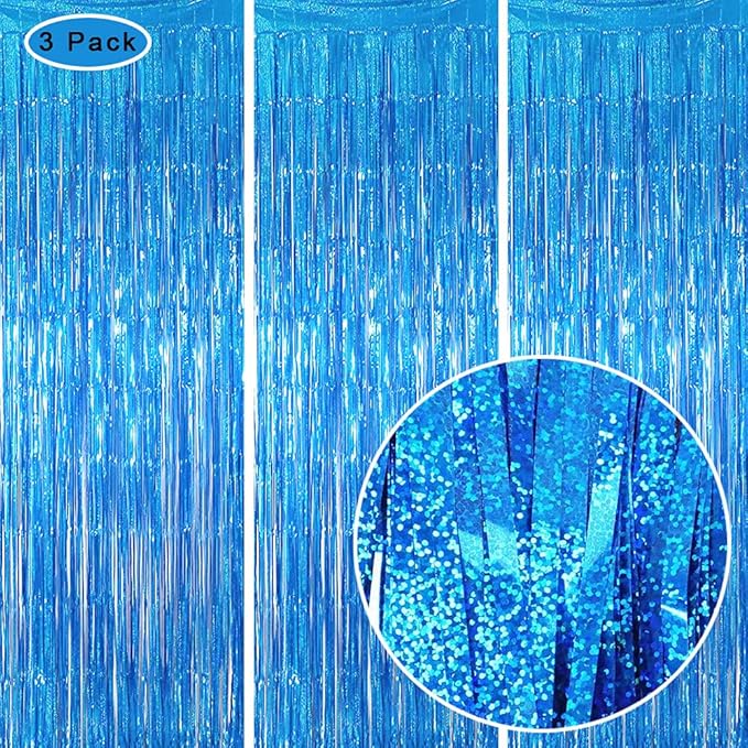 BEAYFILY 3 Pack Fringe Curtains Party Decorations,Tinsel Backdrop Curtains for Parties,Photo Booth Wedding Graduations Birthday Christmas Event Party Supplies (Blue)
