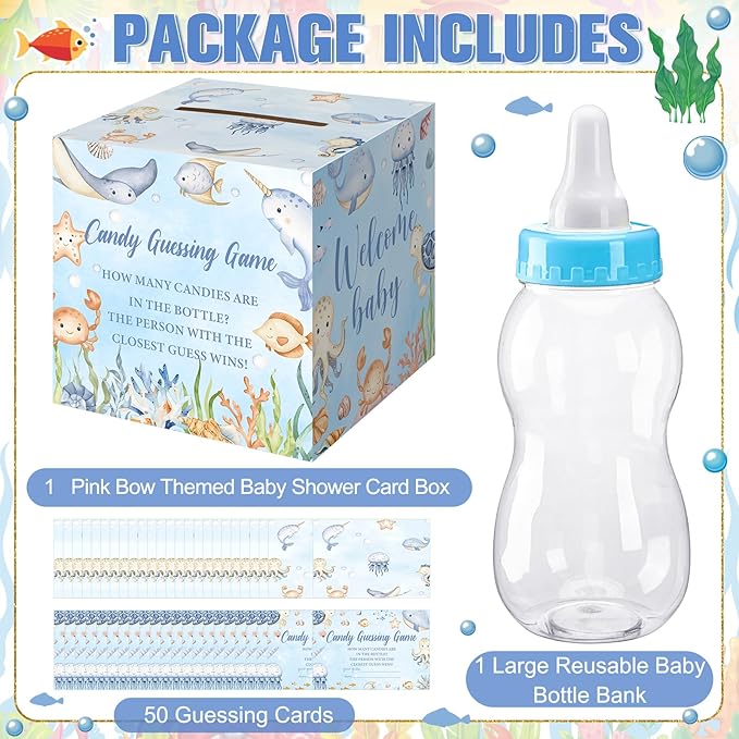 Glenmal 52 Pcs Under The Sea Baby Shower Games Gift Sets Large Baby Bottle for Shower Game Guess How Many Candies Decorations for Gender Reveal