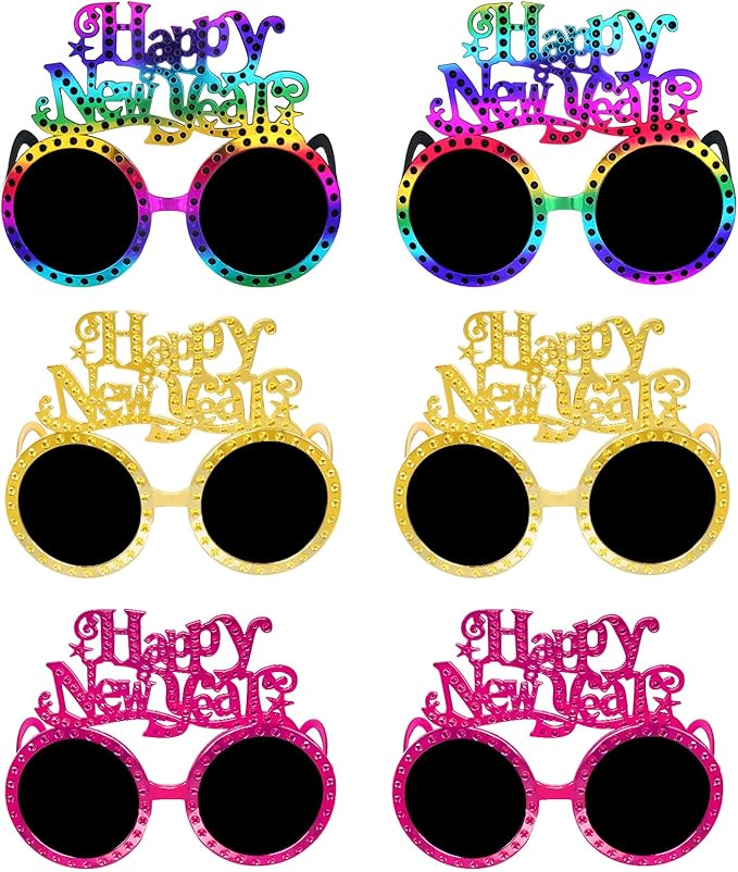 hoyuwak 6 PCS Happy New Year Eyeglasses Glitter Funny New Year Party Glasses Funny Party Sunglasses for Party Supplies