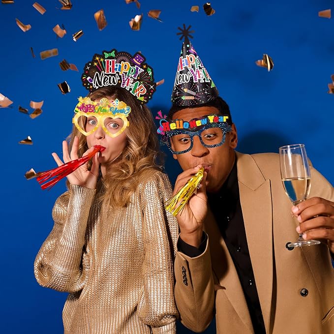 HOWAF 2026 New Year Eve Party Supplies, Happy New Year Tiaras Headband, 2026 New Year Glasses Top Hats Fringed Noisemaker and Necklace, Black and Colorful New Year's Eve Party Favors