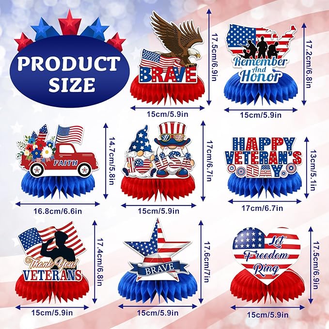 JULMELON 8PCS Veterans Day Table Decorations, Honeycomb Centerpieces, 3D Double Sided Happy Veterans Day Centerpieces for Tables Patriotic Decor Thank You Veterans Theme Party Supplies