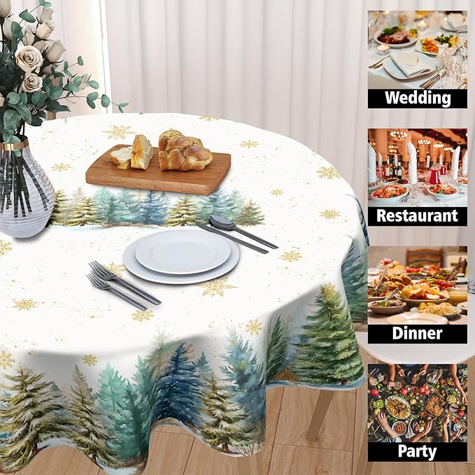Winter Round Tablecloth 60 Inch Christmas Tree and Snowflake Pattern White Green Table Cloth Circle Xmas Holiday Table Cover Washable Polyester Decor for Home Kitchen Dinning Party