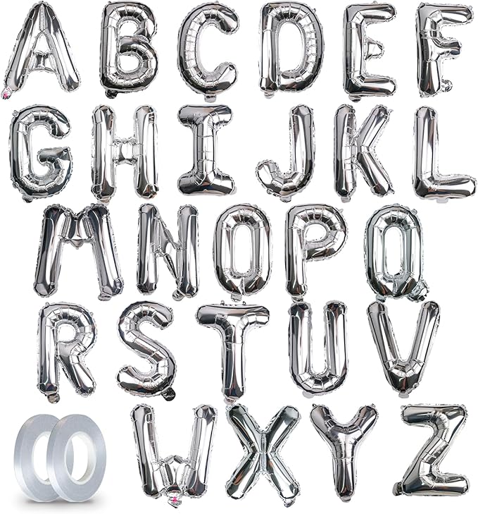 [26 Pcs] 16" Letter Sliver Foil Balloons A-Z set, Mylar Aluminum Hanging Alphabet for Graduation Birthday Party Decorations New Year eve