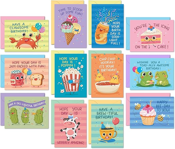 Sweetzer & Orange Funny Birthday Cards Bulk Set – 24 Punny Cards (12 Designs, 2 Each) with 24 Colorful Envelopes & Storage Box – Funny Messages – Cute Birthday Cards for Kids, Adults, Friends & Family
