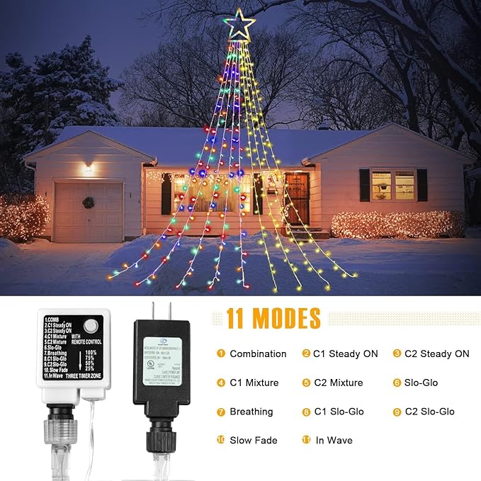 Christmas Decorations Star String Lights, 320 LEDs Outdoor Waterfall Tree Lights with 13" Topper Star, Plug in Waterproof Hanging Fairy Lights for Xmas New Year Holiday Party Yard Decor