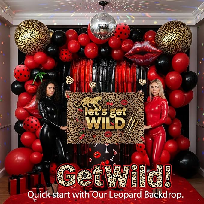 Red Black cheetah Balloon Garland Arch Kit Cherry Birthday Decorations with leopard print backdrop Cheetah Print Cherry mylar Balloons for Girl birthday Baby Shower Bachelorette Party supplies