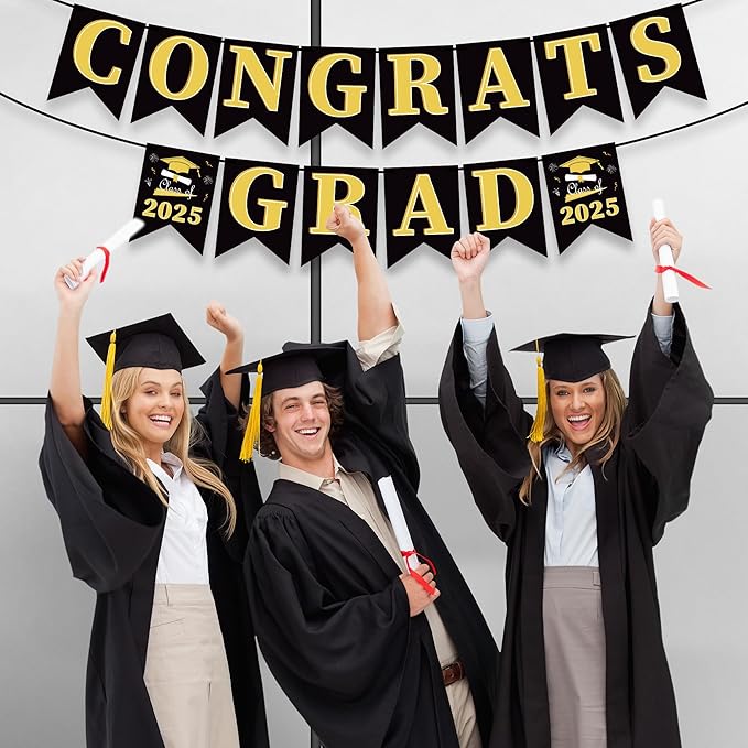 OHOME Graduation Decorations 2025 - Congratulations Banner - 2025 Graduation Party Decorations - Black Gold Congrats Grad Banner Party Supplies