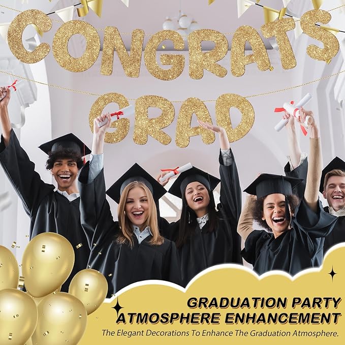 Fulmoon Pre Strung Congrats Grad Banner Glitter Congratulations Banner College Graduation Sign Class of 2026 Grad Party Decorations for High School University Graduation Party Favor(Champagne Gold)