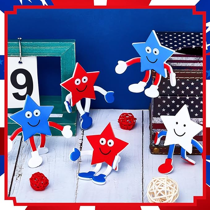 Leitee 24 Pcs Patriotic Bendable Toys Posable 4th of July Parade Independence Day Party Favor Star Character Figures Stress Relief Fidget Toy Gift for Bag Stuffer, 3 Styles