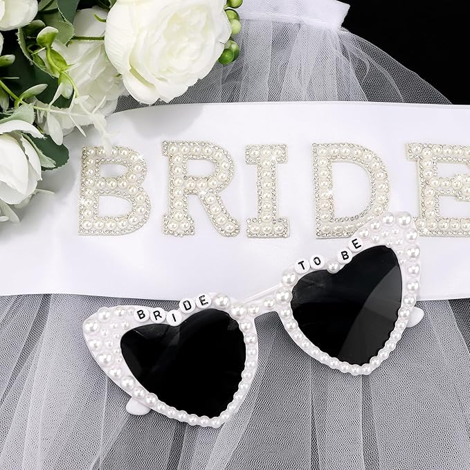 Bride to Be Set: Pearl-Trimmed Heart Sunglasses, Pearl BRIDE Sash & Tulle Veil - Bachelorette Party Bridal Accessories