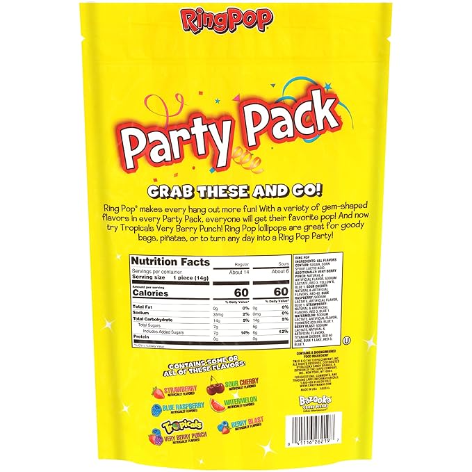 Ring Pop Candy,Valentine's Lollipops,20 Ct Party Favors in Assorted Fruity Flavors - Full Size,Fun Hard Candy For Birthday Parties,Valentine's Gifts,Goodie Bags,Party Favors,(Pack of 2)