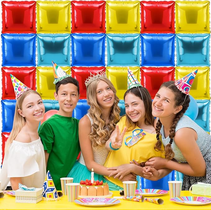 36 Pcs Gold Ring Birthday Decorations Balloons Brick Square Foil Balloon Wall Backdrop Arch Kit Double Sided Metallic for Cartoon Video Game Party Supplies(Red Yellow Blue)