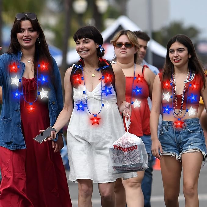 4PCS 4th of July Necklaces, Independence Day Light up Necklace Accessories, Red White Blue Fourth of July 7 Bulb Necklace Bulk, Glow Accessories for Memorial Day Veterans Day Patriotic Party Parades