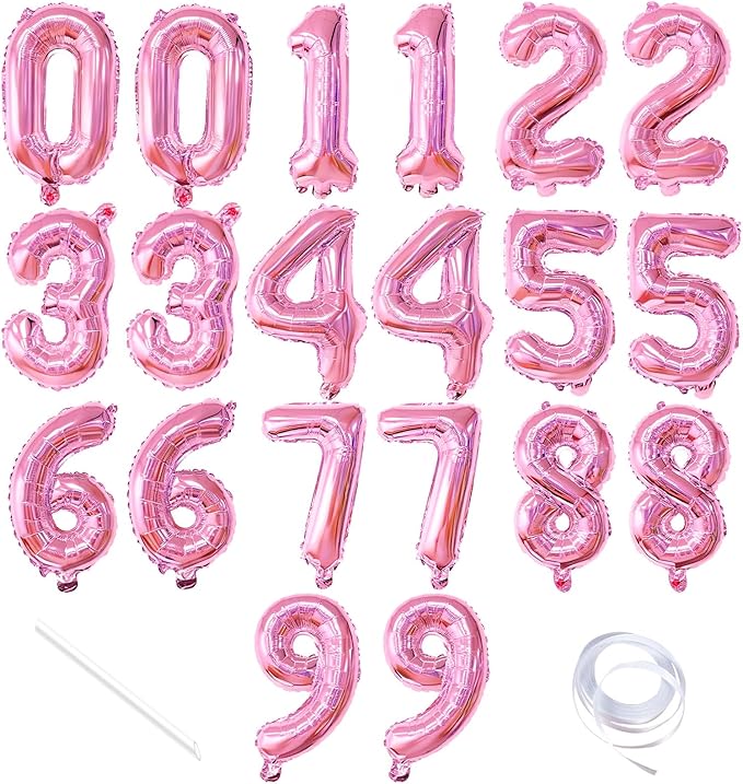 20 Pieces 2 Sets of 16 Inch Pink Number 0-9 Balloons – Foil Mylar Balloons for Custom Number Decorations, Birthday, Baby Shower, Anniversary, Graduation, New Year, Party Backdrops
