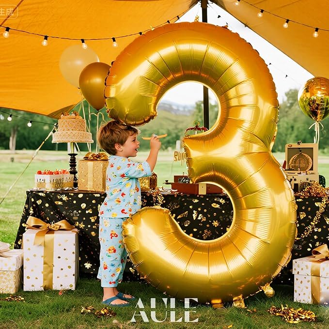 AULE 40 Inch Big Gold 3 Balloon Number Large Foil Helium Number Balloons 0-9 Jumbo Giant Happy 3rd Birthday Party Decorations for Boy or Girl Huge Mylar Anniversary Party Supplies