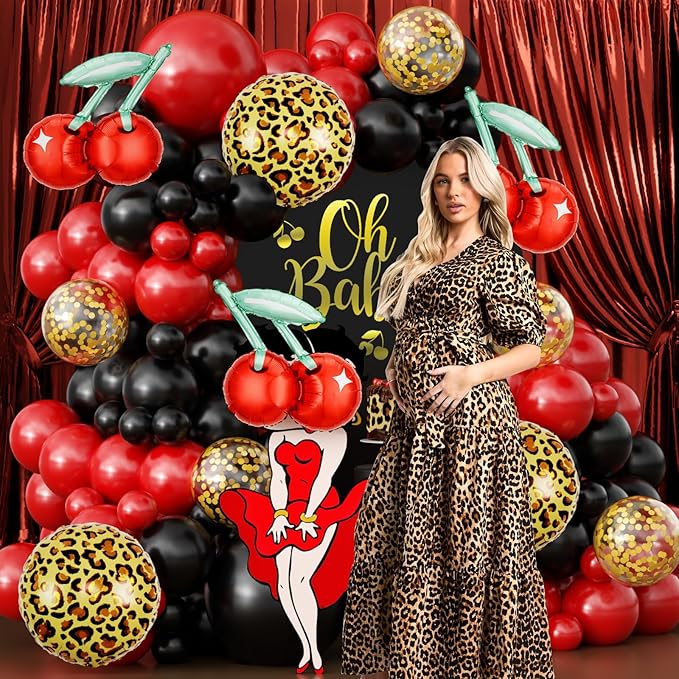 JOGAMS 165Pcs Betty Party Decorations,Cheetah Print Red and Black Party Decorations with Gold Confetti Cherry Cheetah Print Balloons for Bachelorette Birthday Baby Shower Vintage Retro Party