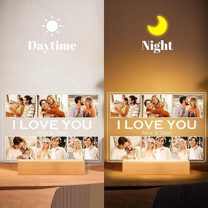 Personalized Picture Frame with Photo, Customized Photo Frame with Night Light, Custom Picture Frames, Personalized Anniversary Couple Gifts for Women Men Her Him Girlfriend Boyfriend