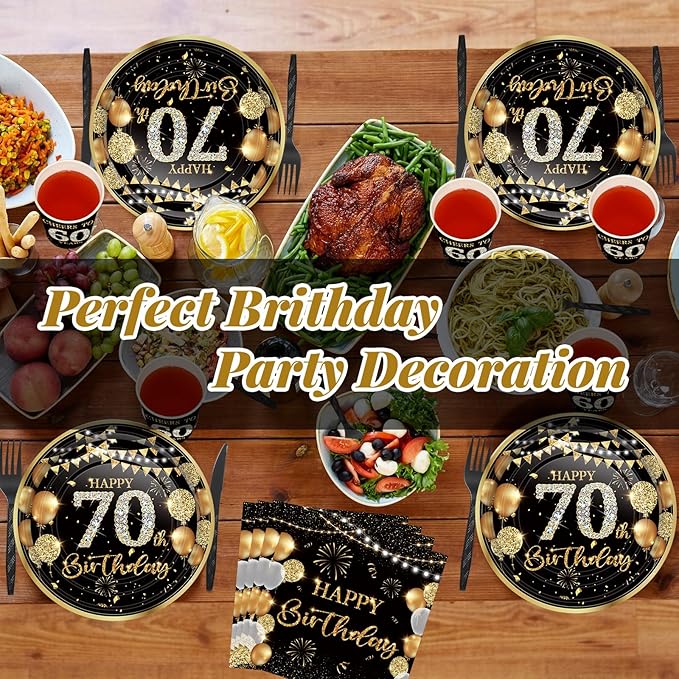 240 Pcs 70th Birthday Decorations 1956 Birthday Party Tableware Include Plates Napkins 9oz Cups Cutlery 70th Anniversary Party Supplies for Men Women Him Her, Serve 30 Guests (Black Gold)