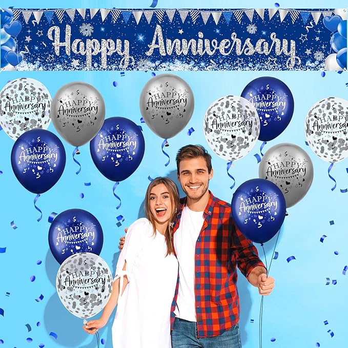 Blue Happy Anniversary Decorations for Men Women, Silver Blue Happy Anniversary Banner and 18pcs Balloons Party Decor for Wedding Anniversary Decorations Kit Supplies