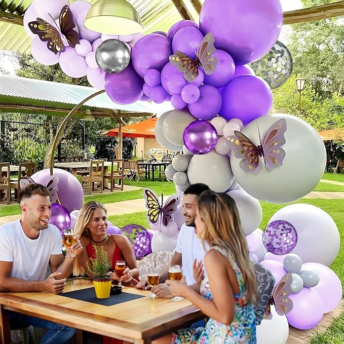Purple Silver Balloon Arch Kit, 147PCS Pastel Purple Matte Lavender Violet Metallic Lilac Silver Confetti Balloons Garland for Baby Girl Princess Party Birthday
