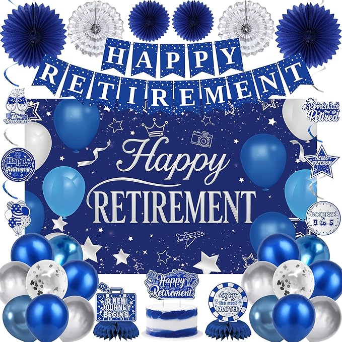 Holkcog Blue Retirement Party Decorations for Women, Silver Blue Happy Retired Banner Backdrop Paper Fan Hanging Swirls for Coworker, I'm Retired Cake Top & Honeycomb Set, Great for Retiring Women
