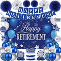 Holkcog Blue Retirement Party Decorations for Women, Silver Blue Happy Retired Banner Backdrop Paper Fan Hanging Swirls for Coworker, I'm Retired Cake Top & Honeycomb Set, Great for Retiring Women