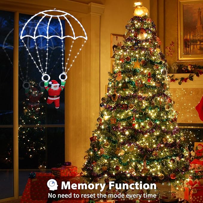 Toodour Christmas Decorations Lights Outdoor, 2.8FT Christmas Parachute Lights with Santa Claus, Waterproof 8 Modes Hanging White Xmas Light - Holiday Decorative Light for Indoor Eave Roof