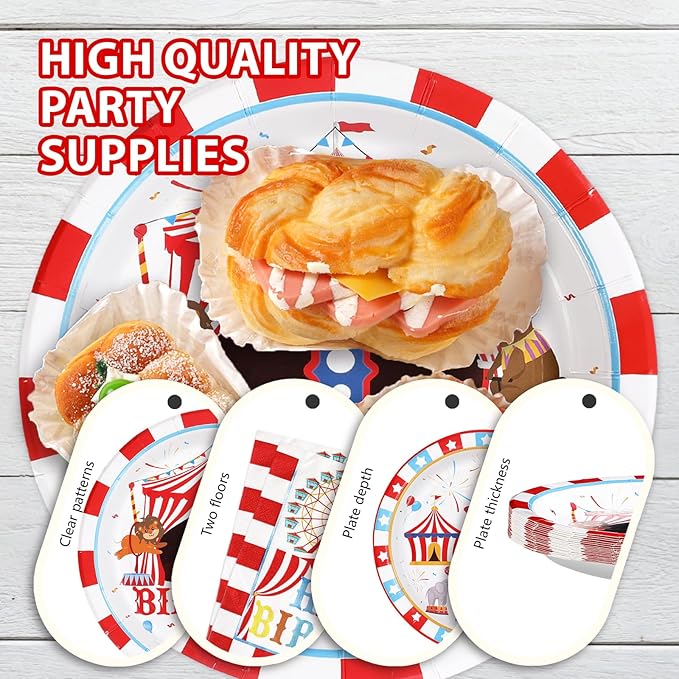 96Pcs Carnival 1st Birthday Party Decorations Carnival Circus First Birthday Plates and Napkins Tableware Sets Circus Theme Decoration Favors for Boys Girls Baby Shower One Year Old Supplies Serves 24