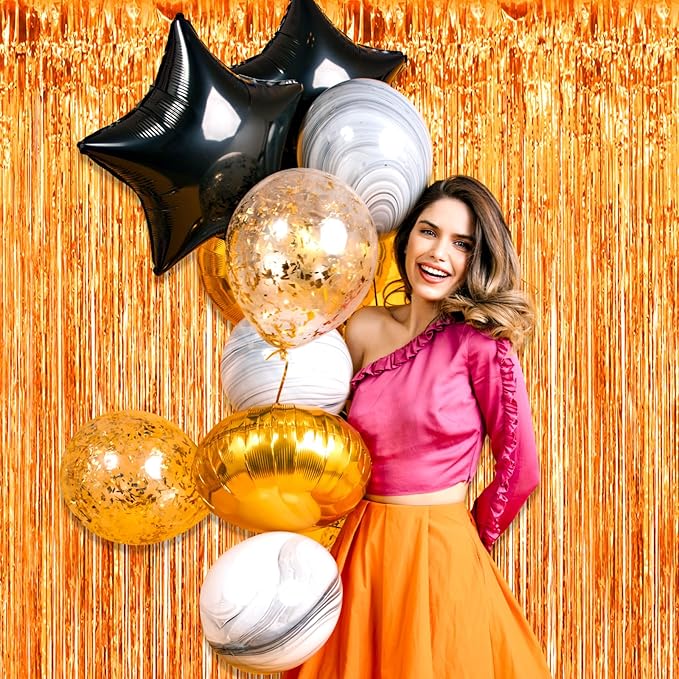 3 Pack Orange Foil Fringe Curtain Backdrop, 3.28Ft x 8.2Ft Metallic Tinsel Foil Fringe Streamer Curtains for Photo Booth, Mother's Day, Easter, Birthday, Wedding Party Decorations