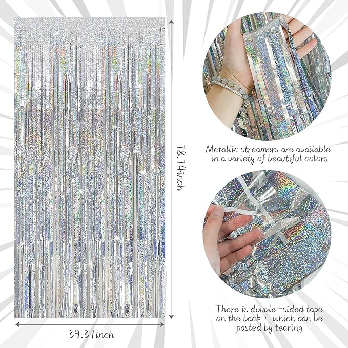 K.E.J. Tinsel Curtain Party Backdrop Silver Birthday Decorations 5 Packs Glitter Foil Fringe Decor Streamers Photo Booth for Christmas Wedding Halloween Graduation (FSD-01)