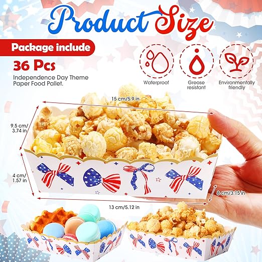36 Pack Patriotic Plates Paper Food Trays Patriotic Food Boats Disposable American Flag Nacho Snack Taco Hot Dog Holder Serving Trays for Labor Day Veteran Day Party Decor Supplies(Bow)