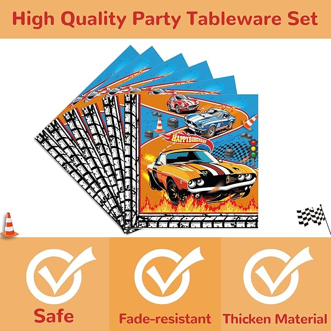 168PCS Race Car Party Supplies for Boys Plates and Napkins Cups Straws for Birthday Hot Car Party Themes for Kids Boys Racer Tableware Set 24 Guests
