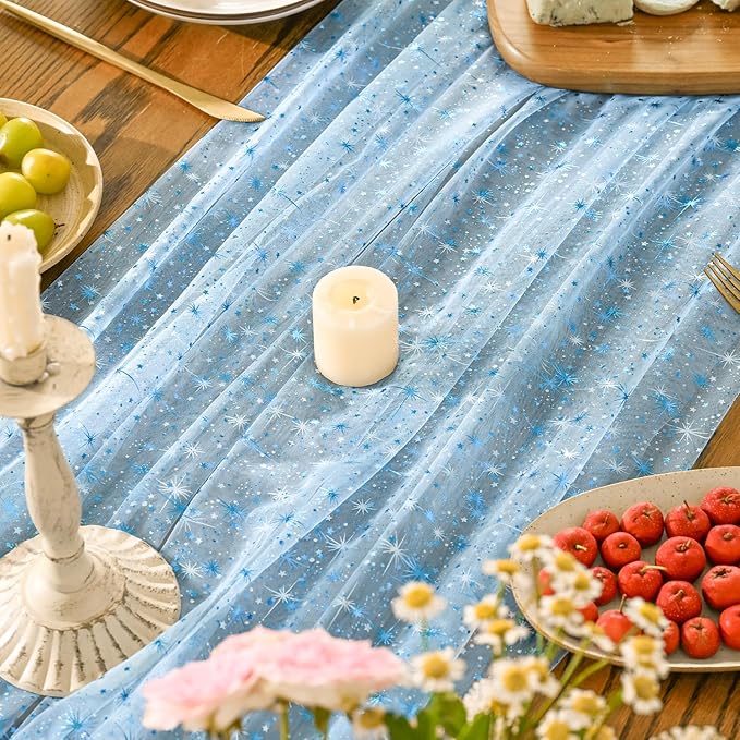 Horaldaily Light Blue Gold Sparkling Star Gauze Tablecloth 60x120 Inch Rectangular, Blue Star Sequin Glitter Metallic Foil, Sheer Tulle Cheesecloth for Wedding Baby Shower Party