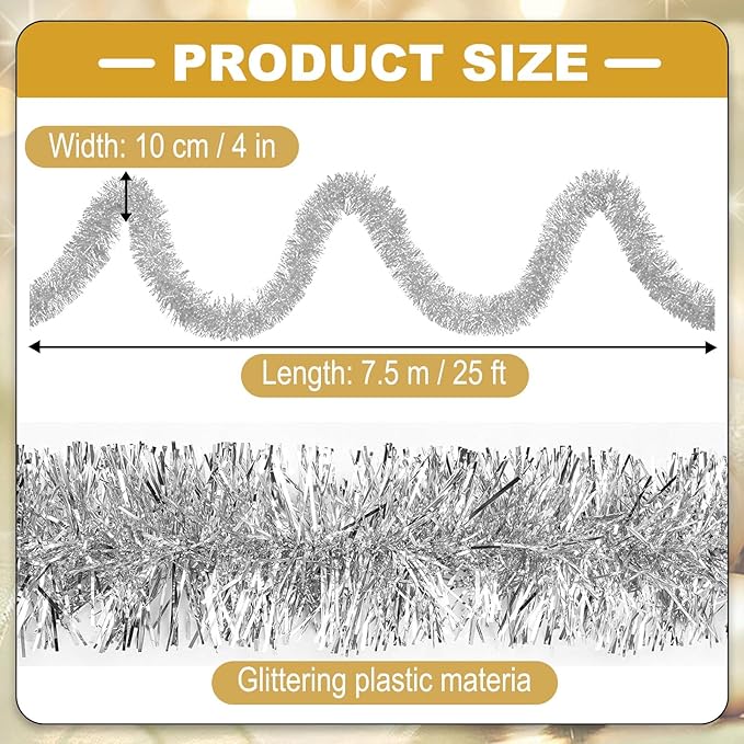 25 Feet Christmas Tinsel Garland, Metallic Twist Garland Wall Hanging Tinsel Garland Backdrop for Parade Floats, Carnival, Birthday, Wedding, New Year Party Decorations (Silver, 4in x 25ft)