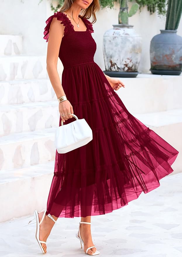 PRETTYGARDEN Women's Summer Tulle Midi Dress Sleeveless Smocked Ruffle Flowy Mesh Dresses Party Wedding Guest Sundress