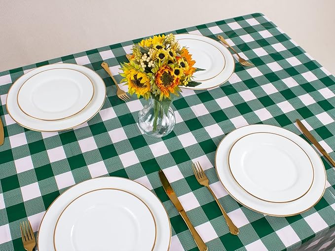 Kesfey 12 Packs Green and White Checkered Tablecloths Party Picnic Disposable Table Covers 54 × 108 Inches Splashproof Plastic Checkered Gingham Tablecover for Outdoor Dinners Party Retro Celebrations