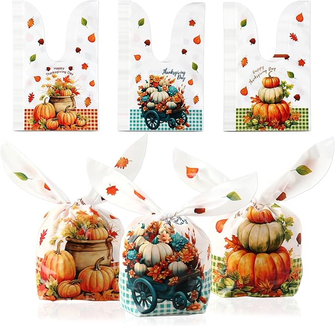 ldyllicStyle Thanksgiving Fall Treat Bags, 100 PCS Goodie Candy Snacks Gift Rabbit Ear Bag, Plastic Goody Snacks Bag for Thanksgiving Autumn Fall Harvest Holiday Party Favors Decoration Supplies White