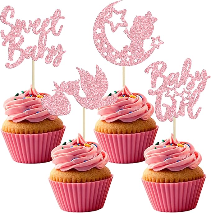 24Pcs Baby Girl Cupcake Toppers Pink Glitter Moon Star Sweet Baby Girl Cupcake Picks Decorations for Gender Reveal Baby Shower Kids Girls Birthday Party Supplies