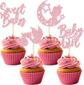 24Pcs Baby Girl Cupcake Toppers Pink Glitter Moon Star Sweet Baby Girl Cupcake Picks Decorations for Gender Reveal Baby Shower Kids Girls Birthday Party Supplies