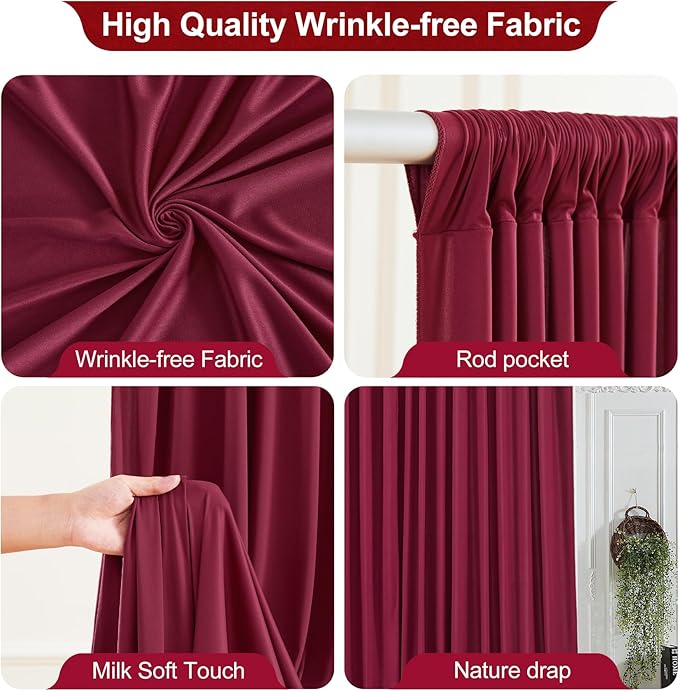 16x10FT Burgundy Backdrop Curtains for Wedding Parties, Wrinkle Free Polyester Photography Backdrop Drapes for Wedding Baby Shower Birthday Parties Stage Background Stand Decorations 4x10ft,4 Panels