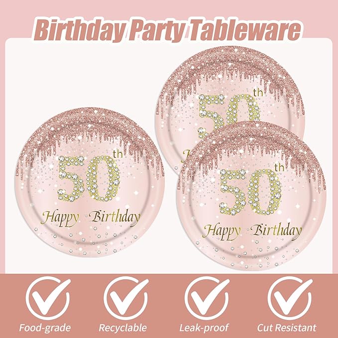 50th Rose Gold Birthday Plates and Napkins, 9 Inch Pink Rose Gold Disposable Dinner Dessert Plates Happy 50th Birthday Party Supplies Decorations for Girls Women