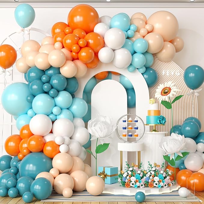 Blue and Orange Balloons Arch Kit, Orange Retro Sea Blue Teal Apricot White Balloon Garland Kit Latex Balloons for Women Men Boho Birthday Party Wedding Baby Bridal Shower Graduation Party Decorations