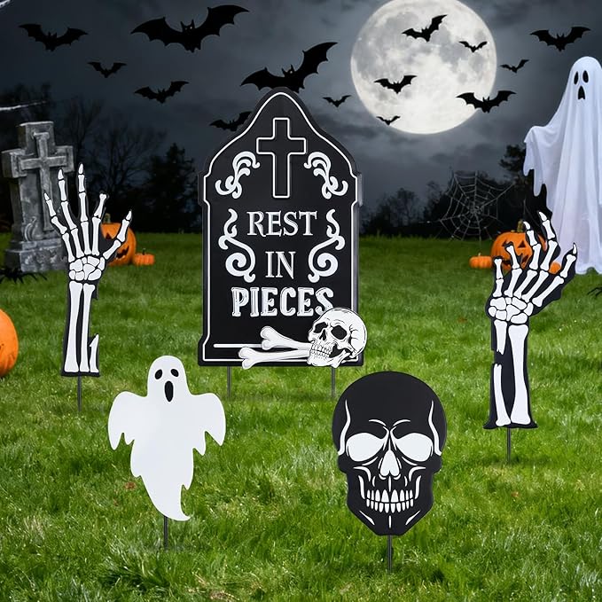 hogardeck Halloween Decorations Outdoor, 5 Pcs Metal Decorative Garden Stakes with Skulls Head, Hands & White Ghosts for Halloween Decor, Tombstone Yard Signs for Outside Garden Lawn Patio Porch