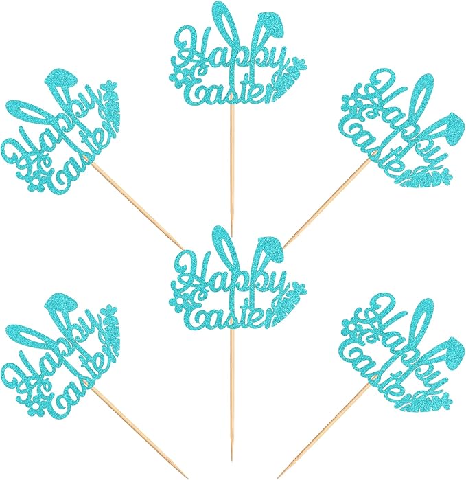 Ercadio 24Pcs Happy Easter Cupcake Toppers Glitter Blue Happy Easter Bunny Ears Cupcake Picks for Easter Day Theme Baby Shower Easter Birthday Party Cupcake Decorations
