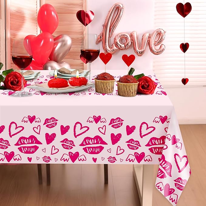 Childom 2 Pcs Valentines Day Tablecloths for Valentines Day Decorations,54" x 108" Disposable Plastic Tablecloths,Rectangle Rose Red Table Cover for Party Decorations Mothers Day Anniversary Birthday