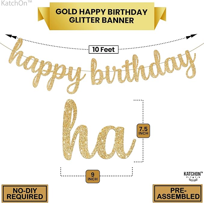 KatchOn, Glitter Cursive Gold Happy Birthday Banner - Pre-Strung, 10 Feet | Birthday Decorations for Women, Men, Boys and Girls | Hbd Banner Backdrop For Birthday Party Decorations | Gold Happy Birthday Sign