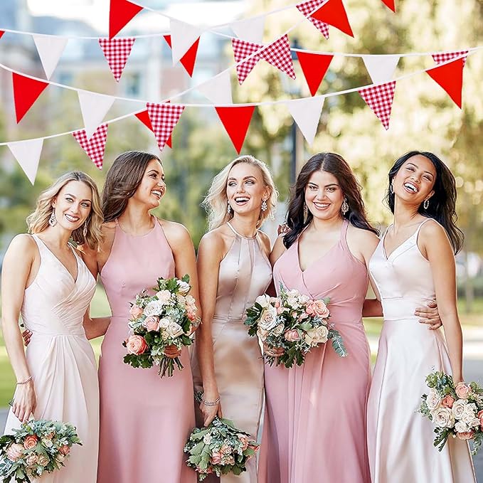 32 Ft Red Plaid Checkered White Pennant Banner Flags Triangle Bunting Garland for Carnival Red Party Decorations for Christmas Wedding Birthday Picnic Outdoor Family Holiday Celebrations